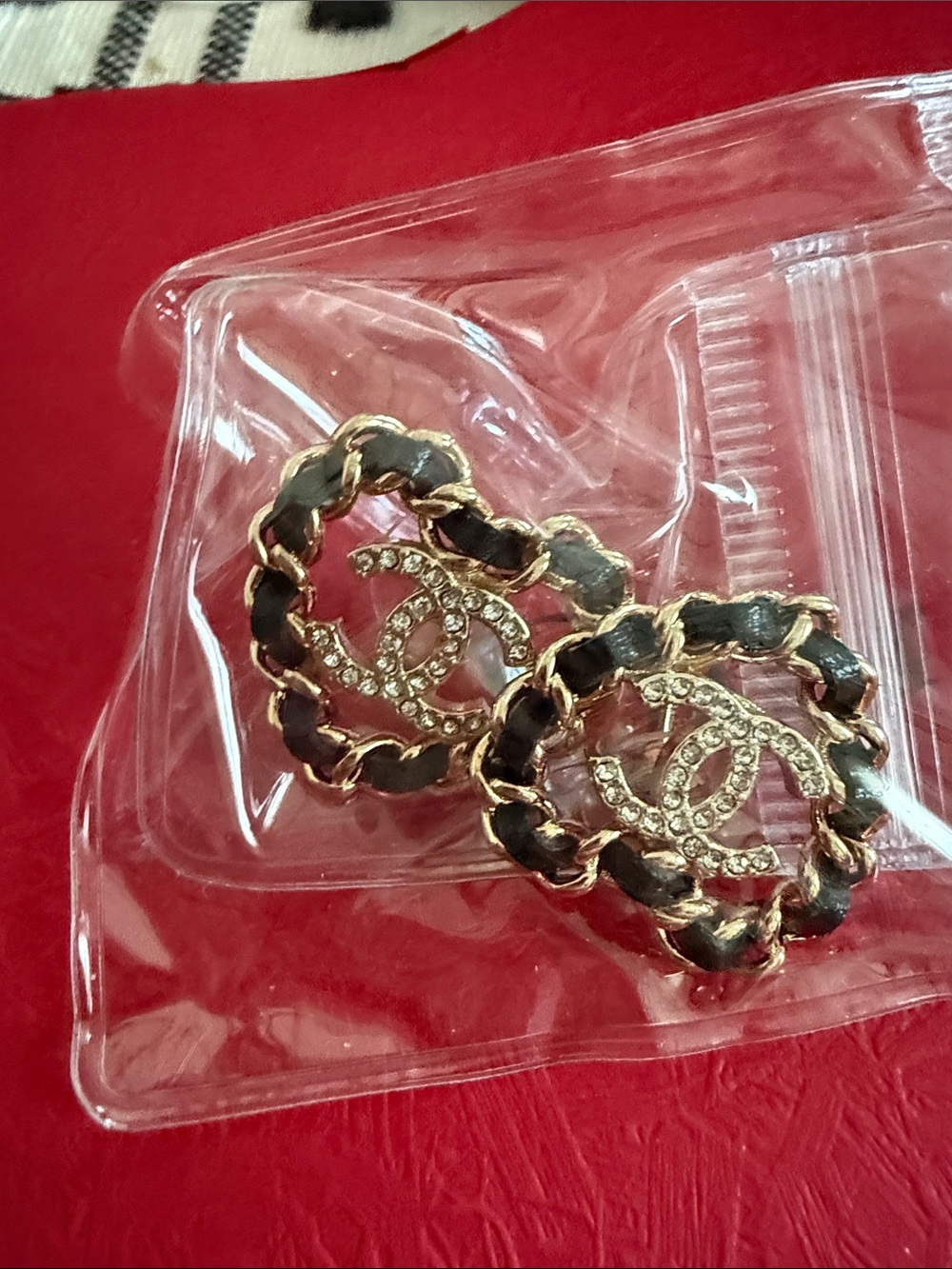 Chanel Gold-Tone Heart Earrings with Black Leather Weave and Crystal CC Logo